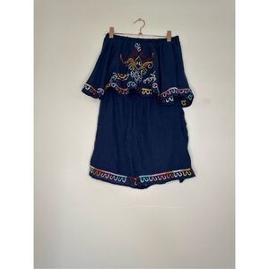THML Navy Blue Colorful Embroidery Tube Top Ruffle Top Romper One piece Shorts S